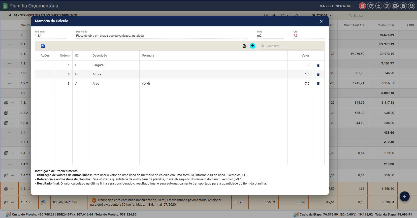 Levantamento de quantitativos integrado à planilha no CICLOPE